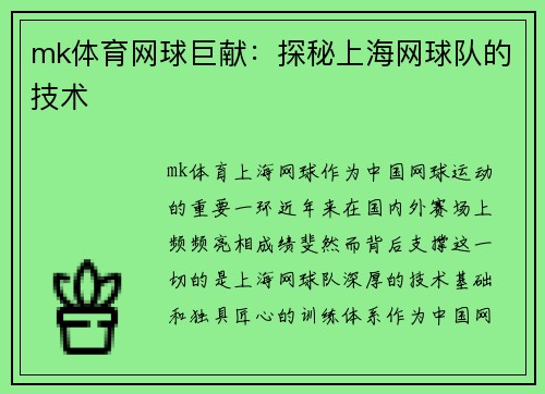 mk体育网球巨献：探秘上海网球队的技术
