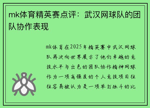 mk体育精英赛点评：武汉网球队的团队协作表现